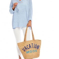 Mud Pie Vacation Mode Cooler Straw Tote Treat Every Day As Weekend With Our Vacation Mode Cooler Tote. The Braided Jute Cooler Tote Arrives Fully Insulate, Making It Perfect For Storing Your Favorite Drinks Or Snacks. The Outside Of The Tote Features An Embroidered Word Applique That Says "Vacation Mode" And A Top Zip Closure. Made Of Braided Jute And Fully Insulated. Dimensions 13" X 18 1/2" New With Tag Shoulder Bag, Straw Purse, Cruise Wear, Coastal, Summer, Beach Bag Blue Woven Straw Bag For Beach Season, Blue Woven Bags For Beach Season, Blue Woven Straw Beach Bag, Blue Woven Beach Bag For Market, Blue Woven Jute Beach Bag, Cooler Tote, Cruise Wear, Straw Tote, Cooler Bag