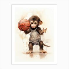 a watercolor painting of a monkey holding a basketball in its hands and wearing an apron