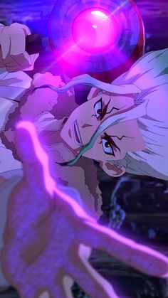 an animated image of a woman with white hair and blue eyes in front of a purple background