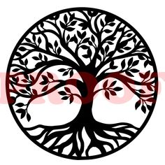 a black and white tree with red leaves in a circular design on a white background