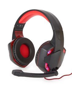 a gaming headset with red lights on it