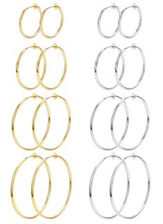 PRICES MAY VARY. ❤CLIP ON HOOP EARRINGS:Come with 8 Pairs Clip On Hoop Earrings,These Fashionable Clip On Hoop Earrings are Specially Designed for People Who Without Pierced Ears,You can Enjoy the Fun of Wearing Earrings Even If don't have Piercing. ❤MULTIPLE SIZE:Clip On Hoop Earrings Have 2 colors(Silver/Gold),Size Include Small Clip On Hoop Earrings 15mm (0.6 inch),Medium Fake Hoop Earrings 30mm (1.2 inch),Large Spring Hoop Earrings 40mm (1.5 inch),Extra Clip On Earring 60mm (2.3 inch),You Ca Cheap Nickel Free Costume Earrings, What Earrings Can You Wear With Tracksuit, Cute Earrings Hoops Simple, Cheap Tarnish Resistant Hoop Earrings As Gift, Earrings No Hoop, Cheap Tarnish Resistant Hoop Earrings For Formal Events, Cheap Tarnish Resistant Round Hoop Earrings, Earrings H, Small Stainless Steel Hoop Earrings