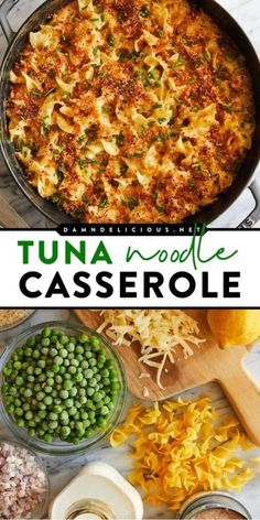 an image of tuna casserole with peas and parmesan cheese on the side