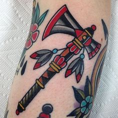 Arrowhead Tattoo Traditional, Traditional Outdoor Tattoo, American Traditional Inner Bicep Tattoo, Traditional Lightning Bolt Tattoo, American Traditional Bull Tattoo, Traditional Tomahawk Tattoo, Colored Tattoos For Men, Hiking Boot Tattoo, Small American Traditional Tattoo Flash