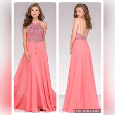 Jovani Rhinetones Sequins Beaded Pink Coral Chiffon Evening Gown Size 4 New W/ Tags!! Really Sparkles In The Light, See Vid For Details Make An Elegant Statement In This Charming Long Chiffon Dress! The Unique Halter Neckline And Low Back Provide An Irresistibly Alluring Look, And The Delicately Beaded Details W/ Sequins & Rhinestones Coral W/ Pink Undertones Add A Subtle Touch Of Sparkle & Glam. The A-Line Silhouette And Pleated Detailing Ensures A Beautiful And Comfortable Fit For Evening Even Wedding Red Carpet, Backless Mermaid Prom Dresses, Rose Gold Prom Dress, Long Chiffon Dress, Lace Mermaid Dress, Silk Prom Dress, Purple Prom, Gold Prom Dresses, Ice Dresses