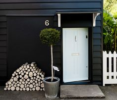 there is a potted plant next to a door and some logs on the ground