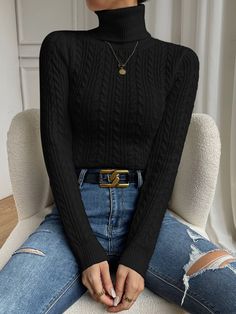 Color: Black Casual Turtleneck Outfit, Turtle Neck Outfit Women, Black Turtleneck Outfit, Turtleneck Sweater Outfit, Turtleneck Outfits, Cable Knit Turtleneck, Turtleneck Outfit, Black Turtleneck Sweater, Pullover Outfit