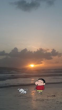 two cartoon characters are walking on the beach near the ocean as the sun goes down