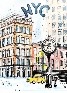 a watercolor painting of a clock tower in new york city