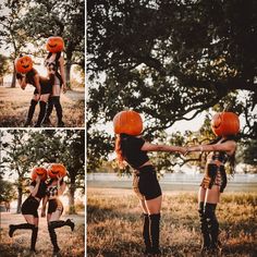 two women wearing orange pumpkin hats and black stockings are posing for pictures in the grass