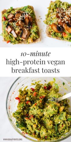 the ingredients for high - protein vegan breakfast toasts are shown in separate bowls