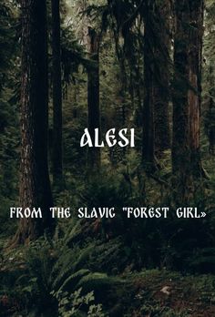 a forest with trees and ferns in the foreground, text reads alesi from the slavic forest girls