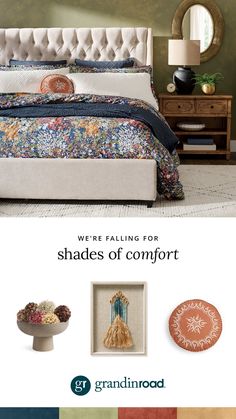 an advertisement for a bed and dresser with the words, we're falling for shades of comfort