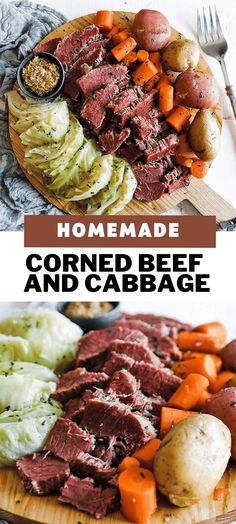 corned beef and cabbage on a cutting board with text overlay that reads homemade corned beef and cabbage