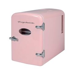 a pink refrigerator with the door open and handle on it's side, sitting in front of a white background