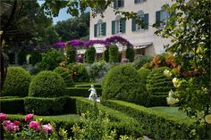 a garden with hedges and flowers in front of a house