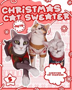 two cats are wearing sweaters and standing next to each other in front of a christmas card