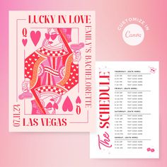 a pink and red playing card with the words lucky in love