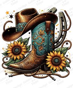 a cowboy boot with sunflowers on the side and stars in the sky behind it