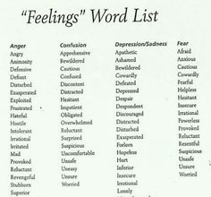 the feelings word list is shown in black and white