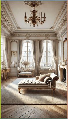 an elegant living room with chandelier and couches