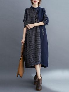 548168 Fall Workwear Dresses With Patchwork, Fall Patchwork Dresses For Workwear, Navy Midi Dress For Fall, Casual Blue Patchwork Midi Dress, Casual Patchwork Midi Dress For Work, Casual Midi Dress With Patchwork For Work, Blue Cotton Dress For Fall, Blue Cotton Dresses For Fall, Indigo Long Sleeve Dress With Pockets