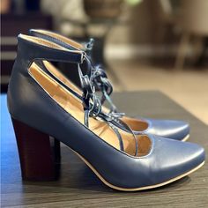 Nwot Blue Leather Heels With Ankle Straps, 3 Inch Block Heel. Can Tie Up Lower Leg Or Just Around Ankle. Size 38 (7.5 Us) But Runs Big, Closer To An 8. Is Wider Than Normal Width But Is Not Marked As A Wide Shoe. No Brand Mark, Purchased Online From Overseas. These Have Never Been Worn As They Are Too Large And Too Wide For Me. Blue Ankle-high Heels With 4-inch Heel, Blue Pointed Toe Heels With Stacked Heel, Blue Leather Lace-up Heels, Blue Ankle-high Formal Heels, Blue Ankle-high Heels For Formal Occasions, Blue Heels With Stacked Heel And Medium Width, Blue Heels With Wrapped Heel In Medium Width, Blue Lace-up Heels With Wrapped Heel, Brand Mark