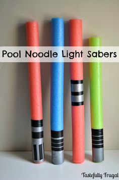 four pool noodle light sabers are lined up in a row with the words pool noodle light sabers written on them