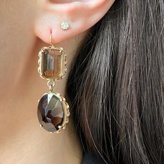 Estate 14KT Yellow Gold Smokey Quartz Dangle Gemstone Earrings - Legacy Saint Jewelry Gemstone Earrings Dangle, Saint Jewelry, Large Earrings, Blue Ombre, Smokey Quartz, Style Earrings, Emerald Cut, Gemstone Earrings, Dangle Drop Earrings