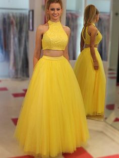 Yellow A Line High Neck Two Pieces Beading Tulle Long Prom Dresses, Two Pieces Yellow Formal Dresses, Yellow Evening Dresses Yellow Tulle Dress, Yellow Formal Dress, Yellow Evening Dresses, Two Piece Prom, Yellow Two Piece, Cheap Prom Dresses Long, Chico California, Prom Dresses Yellow, Long Prom Dresses