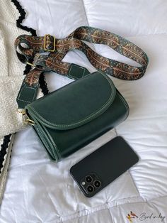 BirdinBag - Compact Flap Bag with Intricate Stitching Bag Bag, Square Bag, Flap Bag, Dark Green, Black And Brown, Pu Leather, Stitching, Bag Lady, Square