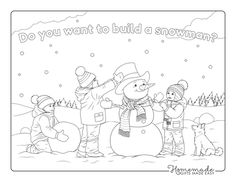 black and white drawing of children playing with a snowman in the wintertime, coloring page