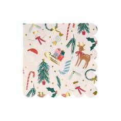 a paper napkin with christmas decorations and reindeers on the front, in white background