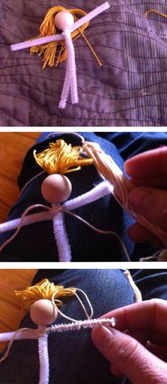 two pictures showing how to make a doll out of yarn