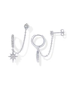 PRICES MAY VARY. These chained star dangle huggie x premium AAAAA cubic zirconia stud feature an 8mm in diameter CZ huggie, an 11.5mm x 9mm dangling star charm, 3mm CZ Stud Earring, and a 30mm long connecting chain - suitable for women with 2 or more piercings. Level up your ear stack with these high quality AAAAA CZ Star Dangle Huggie Chain to CZ Stud Earrings that are Rhodium Plated for long lasting brilliant finish, that is 100% nickel free, and hypoallergenic. ✦ 60-DAY GUARANTEE ✦ Your happi Cubic Zirconia Star Charm Dangle Jewelry, Cubic Zirconia Dangle Jewelry With Star Charm, White Gold Jewelry With Star Charm Dangle, Diamond Earrings For Women, Gold Chain Earrings, Double Piercing, Mini Earrings, Ear Cuff Earings, Star Earrings Stud