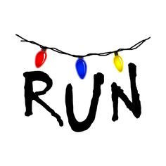 the word run is written with christmas lights strung from it's sides and in front of a white background