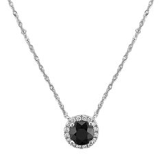 A sparkling halo of natural diamonds highlights the black natural sapphire at the center of this 14-karat white gold pendant. It comes on a matching Singapore chain with a secure lobster clasp for worry-free wear. Black Gem Necklace, Slytherin Dress, Ruby And Diamond Necklace, Black Diamond Necklace, Sapphire And Diamond Earrings, Halo Necklace, Black Gems, Diamond Necklaces, Winter Formal