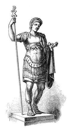 an ancient greek man with a staff and shield, vintage line drawing or engraving illustration