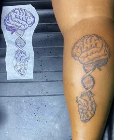 a person with a tattoo on their leg next to a drawing of a human brain