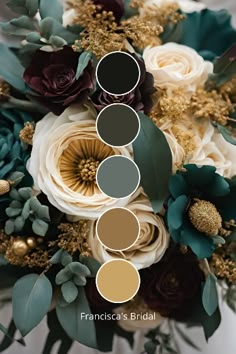 a bouquet with flowers and greenery in shades of brown, green, white and gold