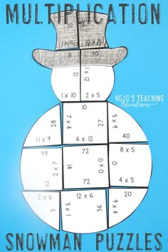 a snowman puzzle with the words multiplation on it's front and side