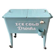 an ice cold drinks cooler on wheels with the words'ice cold drinks'painted on it