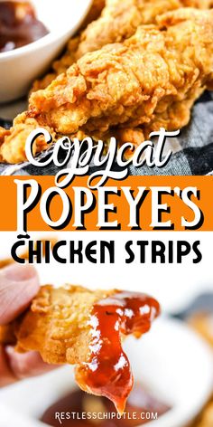 chicken strips with ketchup on the side and text that reads copycat pope's chicken strips