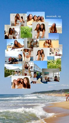 a collage of photos with people on the beach