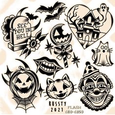 various halloween tattoos on a white background