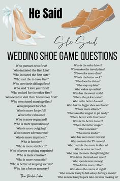 the wedding shoe game questions are shown in this poster