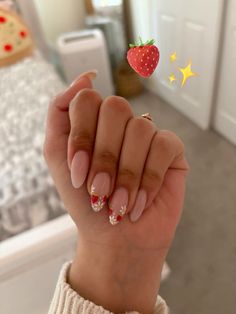 Stawberry nails Strawberry Acrylic Nails Designs, Milky Strawberry Nails, Strawberry Tip Nails, White Strawberry Nails, Strawberry Nail Ideas, Strawberry Pink Nails, Simple Strawberry Nails, Strawberry Almond Nails, Strawberry Milk Nails