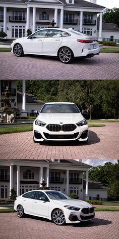 two white cars parked in front of a large house