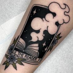 Bookish Tattoos American Traditional, Traditional Style Book Tattoo, Library Card Tattoo, Librarian Tattoo Ideas, American Traditional Tarot Card Tattoo, American Traditional Witch Tattoo, The Reader Tattoo, Book Traditional Tattoo, American Traditional Book Tattoo