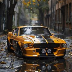 a yellow car parked on the side of a wet street